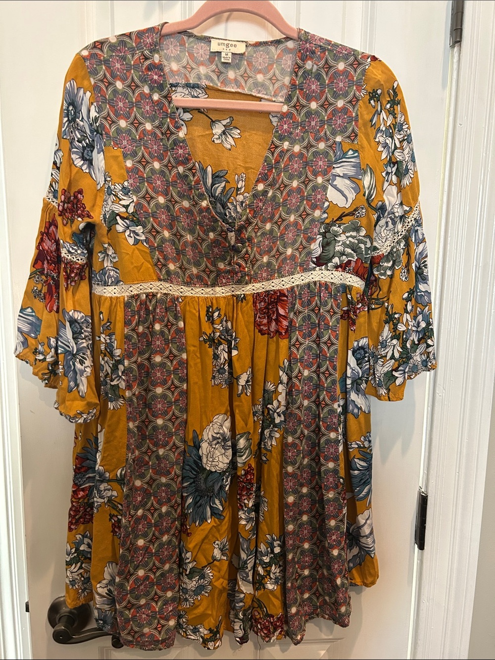 Umgee Mustard Floral Geometric Boho Dress
